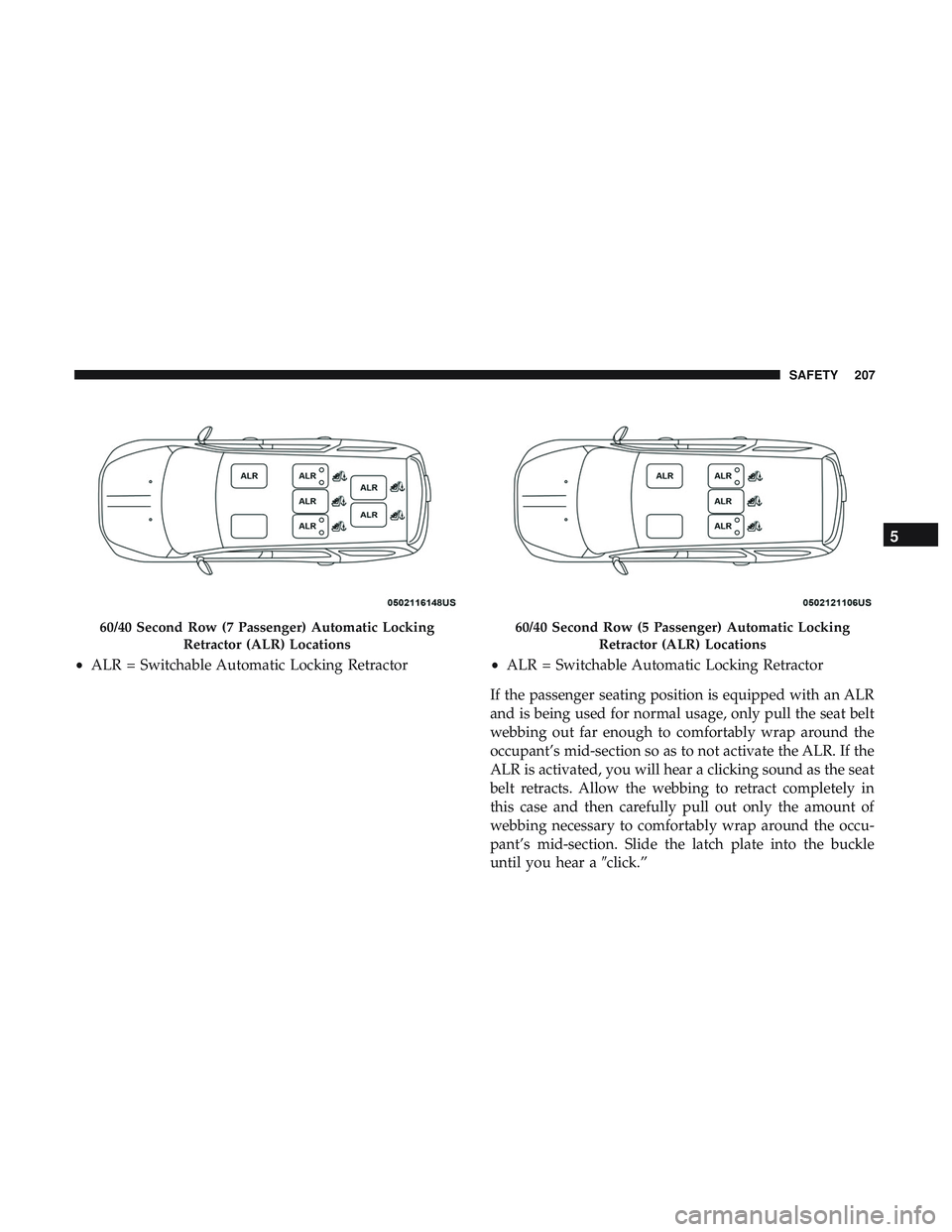 DODGE DURANGO SRT 2018 Owners Manual If the passenger seating position is equipped with an ALR
and is being used for normal usage, only pull the seat belt
webbing out far enough to comfortably wrap around the
occupant’s mid-section so DODGE DURANGO SRT 2018 Owners Manual If the passenger seating position is equipped with an ALR
and is being used for normal usage, only pull the seat belt
webbing out far enough to comfortably wrap around the
occupant’s mid-section so