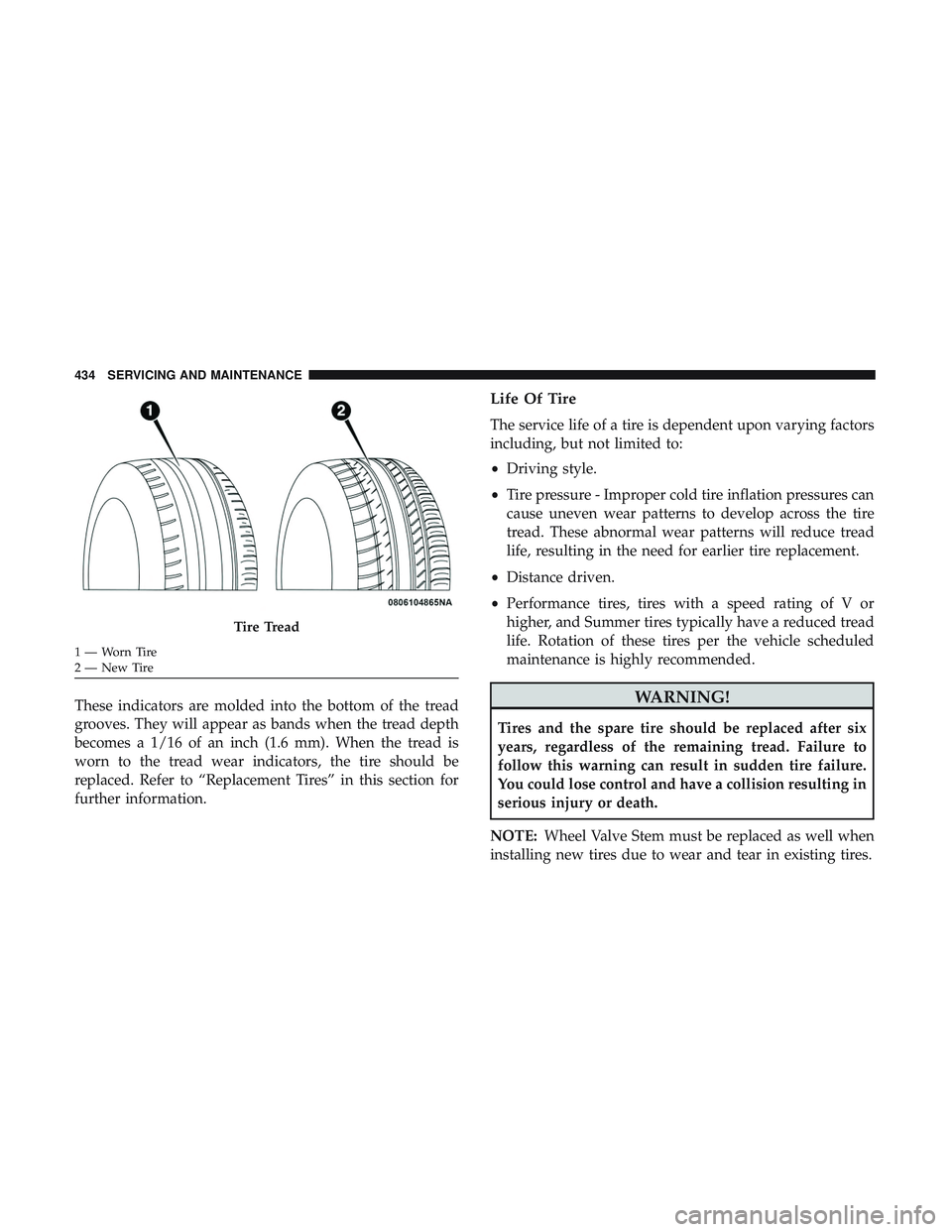 DODGE DURANGO SRT 2018  Owners Manual These indicators are molded into the bottom of the tread
grooves. They will appear as bands when the tread depth
becomes a 1/16 of an inch (1.6 mm). When the tread is
worn to the tread wear indicators