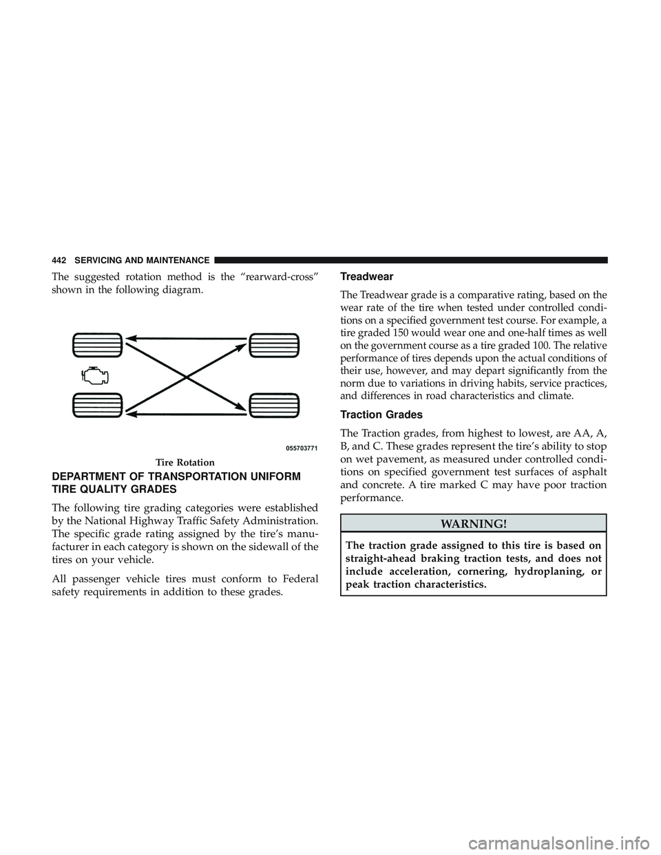 DODGE DURANGO SRT 2018 Owners Manual The suggested rotation method is the “rearward-cross”
shown in the following diagram.
DEPARTMENT OF TRANSPORTATION UNIFORM
TIRE QUALITY GRADES
The following tire grading categories were establishe DODGE DURANGO SRT 2018 Owners Manual The suggested rotation method is the “rearward-cross”
shown in the following diagram.
DEPARTMENT OF TRANSPORTATION UNIFORM
TIRE QUALITY GRADES
The following tire grading categories were establishe