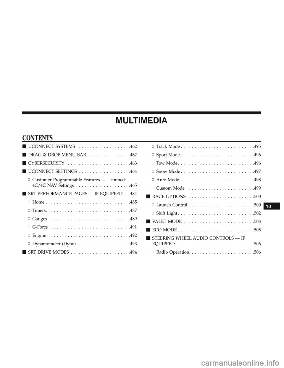 DODGE DURANGO SRT 2018  Owners Manual MULTIMEDIA
CONTENTS
UCONNECT SYSTEMS ...................462
 DRAG & DROP MENU BAR ................462
 CYBERSECURITY .......................463
 UCONNECT SETTINGS ...................464
▫ Custom