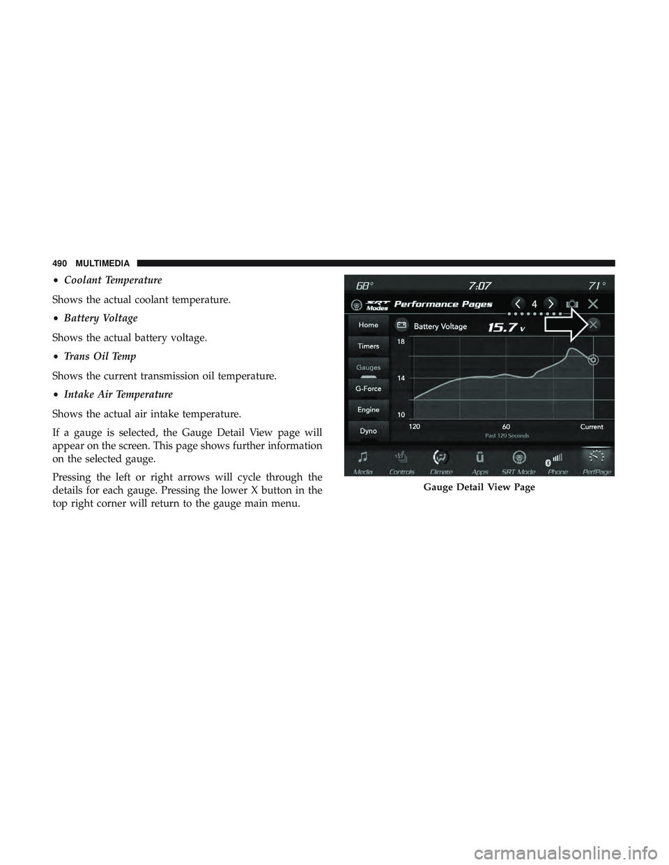 DODGE DURANGO SRT 2018  Owners Manual •Coolant Temperature
Shows the actual coolant temperature.
• Battery Voltage
Shows the actual battery voltage.
• Trans Oil Temp
Shows the current transmission oil temperature.
• Intake Air Tem