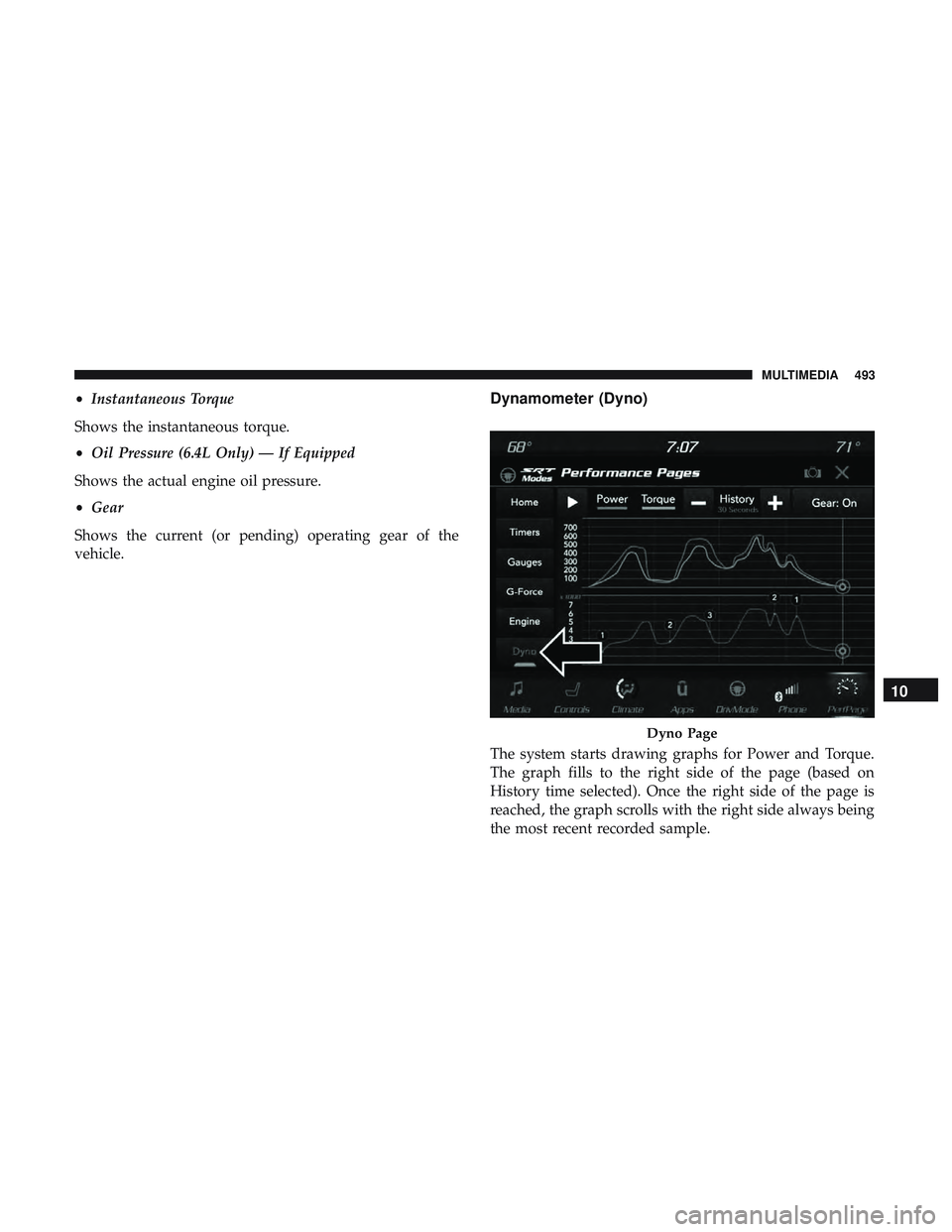 DODGE DURANGO SRT 2018 Owners Manual •Instantaneous Torque
Shows the instantaneous torque.
• Oil Pressure (6.4L Only) — If Equipped
Shows the actual engine oil pressure.
• Gear
Shows the current (or pending) operating gear of the DODGE DURANGO SRT 2018 Owners Manual •Instantaneous Torque
Shows the instantaneous torque.
• Oil Pressure (6.4L Only) — If Equipped
Shows the actual engine oil pressure.
• Gear
Shows the current (or pending) operating gear of the