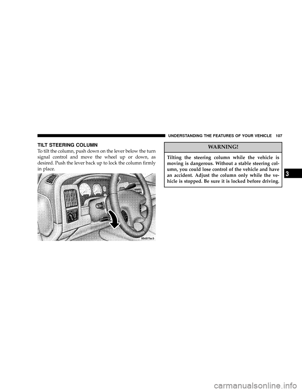 DODGE RAM 1500 GAS 2004 3.G Owners Guide TILT STEERING COLUMN
To tilt the column, push down on the lever below the turn
signal control and move the wheel up or down, as
desired. Push the lever back up to lock the column firmly
in place.WARNI