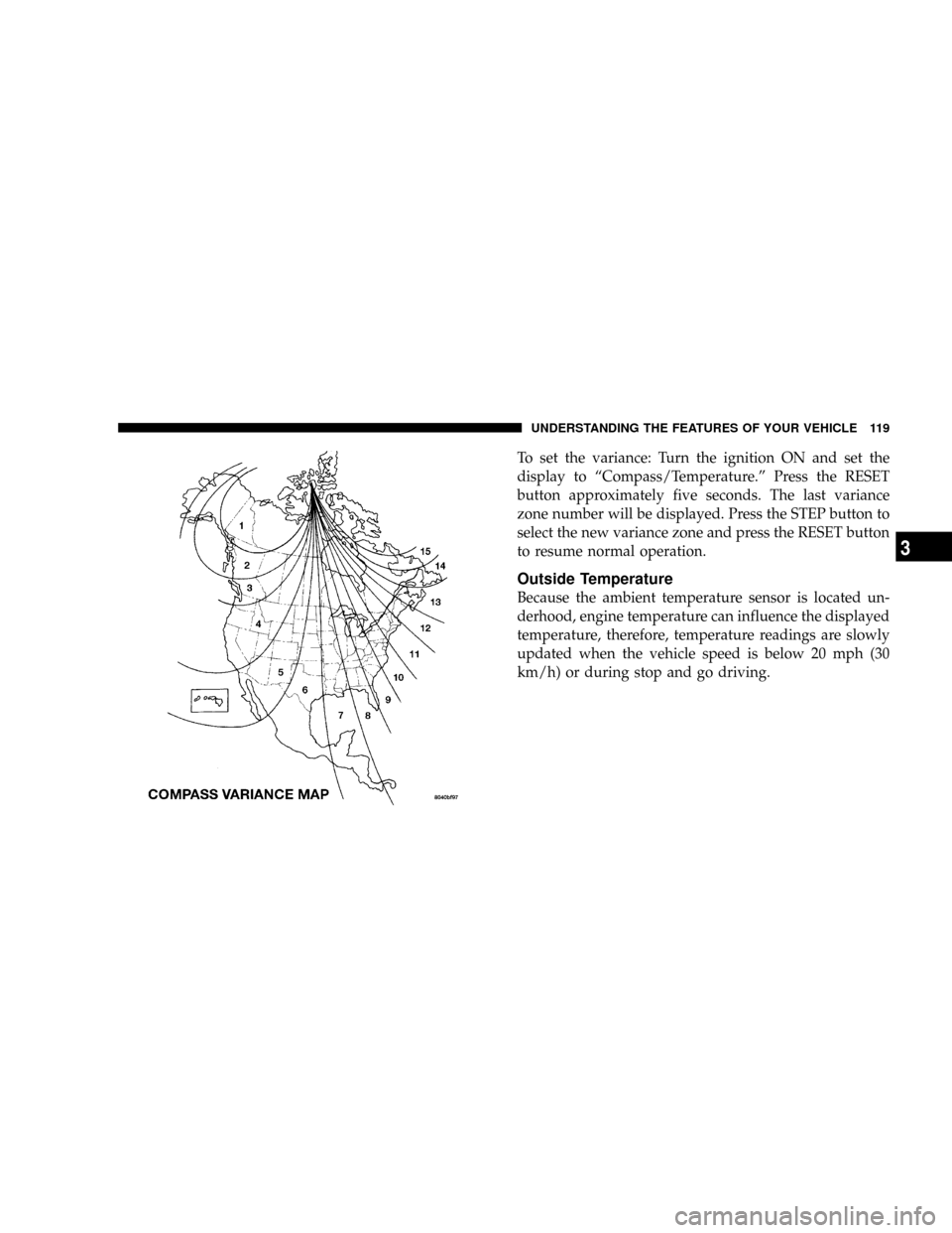 DODGE RAM 1500 GAS 2004 3.G Owners Manual To set the variance: Turn the ignition ON and set the
display to ªCompass/Temperature.º Press the RESET
button approximately five seconds. The last variance
zone number will be displayed. Press the 