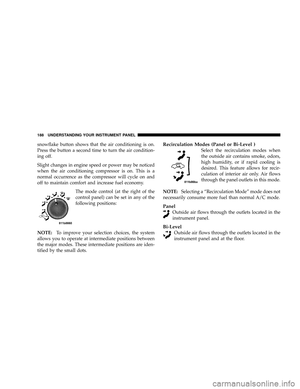 DODGE RAM 1500 GAS 2004 3.G Owners Guide snowflake button shows that the air conditioning is on.
Press the button a second time to turn the air condition-
ing off.
Slight changes in engine speed or power may be noticed
when the air condition