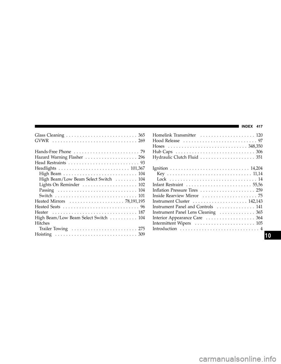 DODGE RAM 2500 DIESEL 2004 3.G Owners Manual Glass Cleaning.......................... 365
GVWR............................... 269
Hands-Free Phone........................ 79
Hazard Warning Flasher................... 296
Head Restraints..........