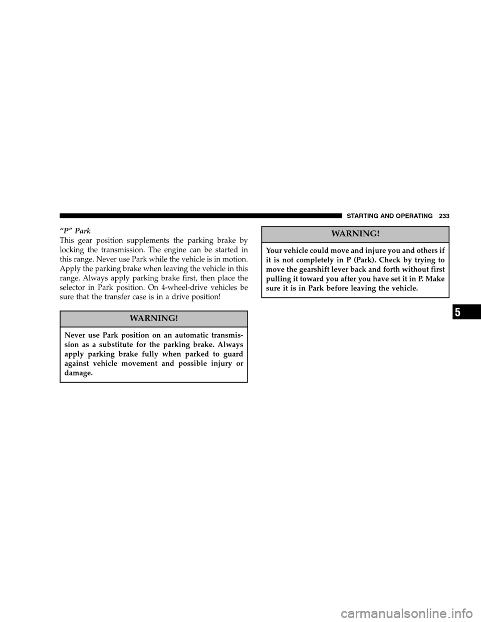DODGE RAM 1500 GAS 2005 3.G Owners Manual “P” Park
This gear position supplements the parking brake by
locking the transmission. The engine can be started in
this range. Never use Park while the vehicle is in motion.
Apply the parking bra