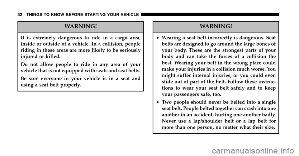 DODGE RAM 1500 GAS 2006 3.G Owners Guide WARNING!
It is extremely dangerous to ride in a cargo area, 
inside or outside of a vehicle. In a collision, people
riding in these areas are more likely to be seriously
injured or killed. 
Do not all