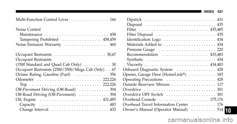 DODGE RAM 1500 GAS 2006 3.G Owners Manual Multi-Function Control Lever............... 166 
Noise Control  Maintenance  .......................... 458 
Tampering Prohibited  ................458,459 
Noise Emission Warranty  .................. 