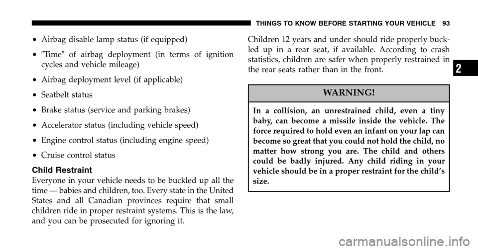 DODGE RAM 1500 GAS 2006 3.G Owners Manual •Airbag disable lamp status (if equipped)
•Timeof airbag deployment (in terms of ignition 
cycles and vehicle mileage)
•Airbag deployment level (if applicable)
•Seatbelt status
•Brake stat