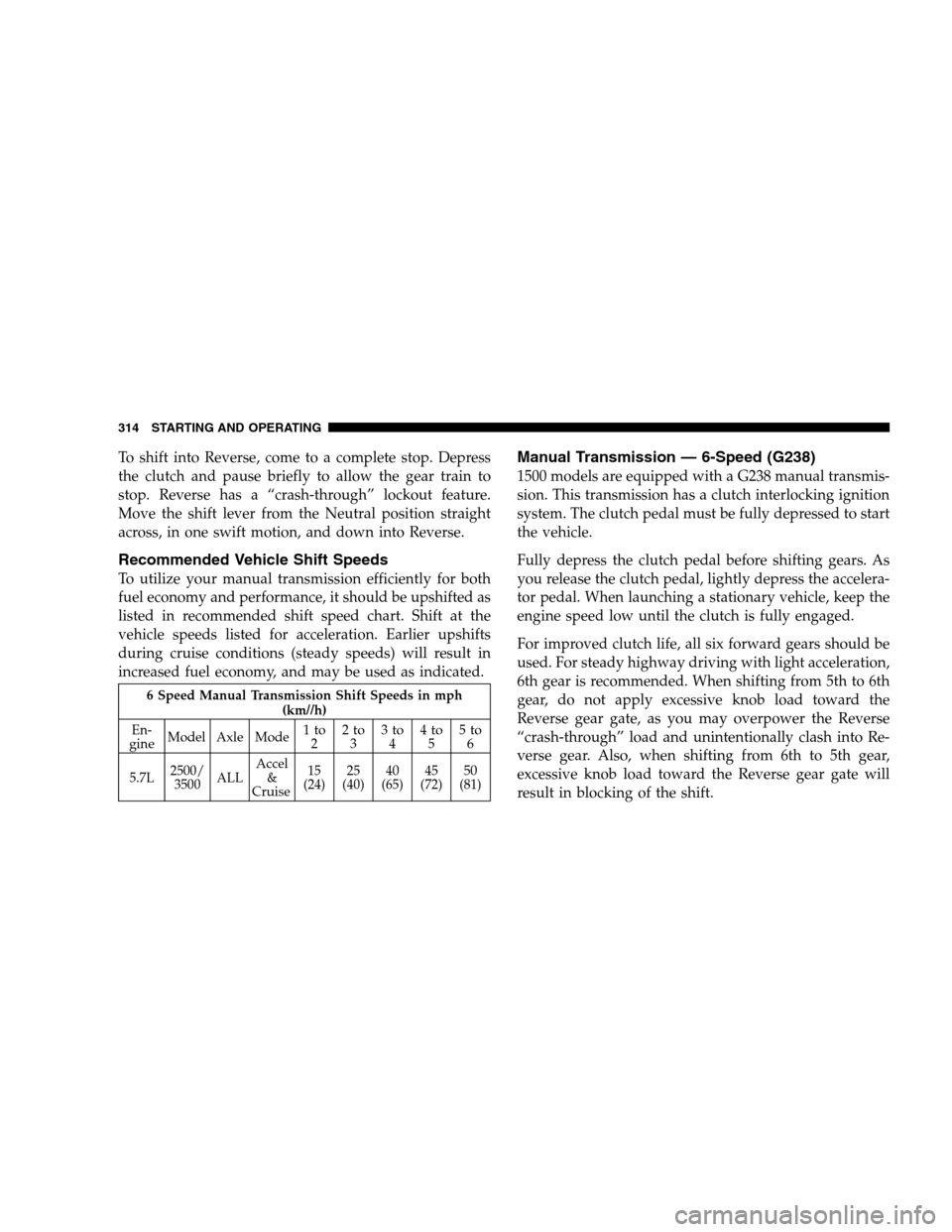DODGE RAM 1500 GAS 2007 3.G Owners Manual To shift into Reverse, come to a complete stop. Depress
the clutch and pause briefly to allow the gear train to
stop. Reverse has a “crash-through” lockout feature.
Move the shift lever from the N