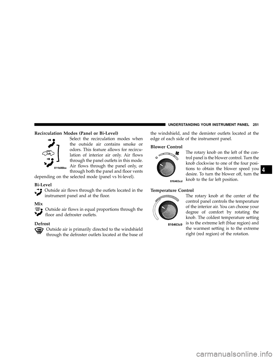 DODGE RAM 2500 DIESEL 2008 3.G Owners Manual Recirculation Modes (Panel or Bi-Level)
Select the recirculation modes when
the outside air contains smoke or
odors. This feature allows for recircu-
lation of interior air only. Air flows
through the DODGE RAM 2500 DIESEL 2008 3.G Owners Manual Recirculation Modes (Panel or Bi-Level)
Select the recirculation modes when
the outside air contains smoke or
odors. This feature allows for recircu-
lation of interior air only. Air flows
through the