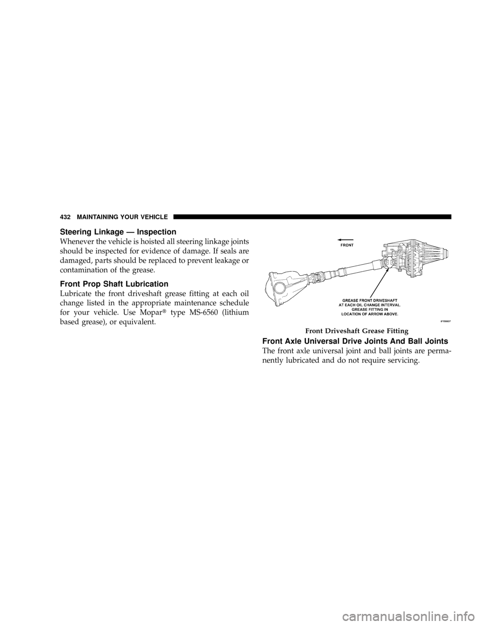 DODGE RAM 2500 DIESEL 2008 3.G Owners Manual Steering Linkage Ð Inspection
Whenever the vehicle is hoisted all steering linkage joints
should be inspected for evidence of damage. If seals are
damaged, parts should be replaced to prevent leakage DODGE RAM 2500 DIESEL 2008 3.G Owners Manual Steering Linkage Ð Inspection
Whenever the vehicle is hoisted all steering linkage joints
should be inspected for evidence of damage. If seals are
damaged, parts should be replaced to prevent leakage