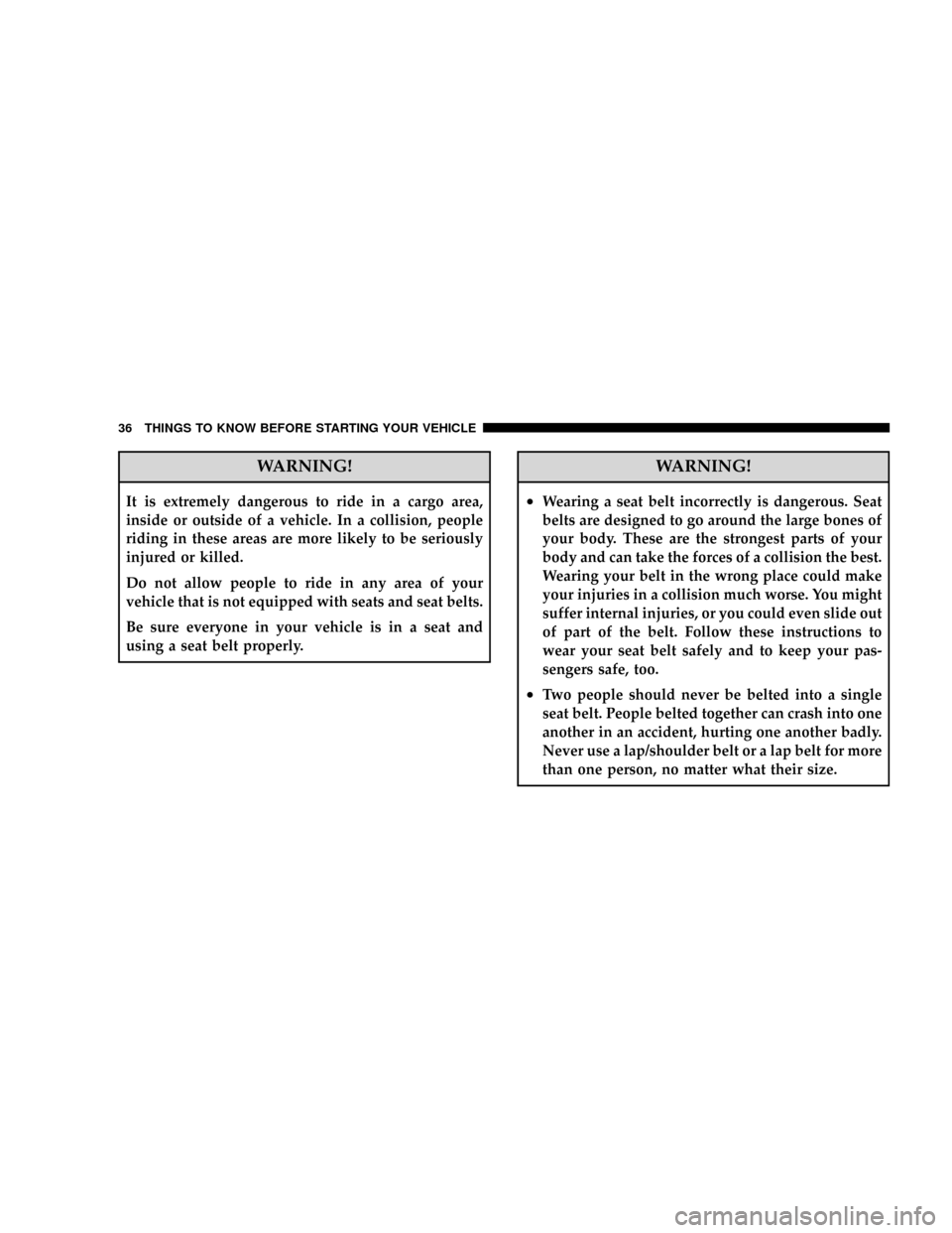 DODGE RAM 2500 GAS 2008 3.G Owners Guide WARNING!
It is extremely dangerous to ride in a cargo area,
inside or outside of a vehicle. In a collision, people
riding in these areas are more likely to be seriously
injured or killed.
Do not allow DODGE RAM 2500 GAS 2008 3.G Owners Guide WARNING!
It is extremely dangerous to ride in a cargo area,
inside or outside of a vehicle. In a collision, people
riding in these areas are more likely to be seriously
injured or killed.
Do not allow