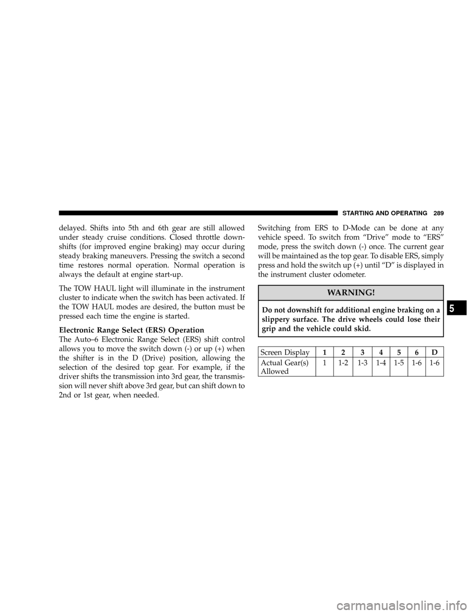 DODGE RAM 3500 DIESEL 2008 3.G Owners Manual delayed. Shifts into 5th and 6th gear are still allowed
under steady cruise conditions. Closed throttle down-
shifts (for improved engine braking) may occur during
steady braking maneuvers. Pressing t DODGE RAM 3500 DIESEL 2008 3.G Owners Manual delayed. Shifts into 5th and 6th gear are still allowed
under steady cruise conditions. Closed throttle down-
shifts (for improved engine braking) may occur during
steady braking maneuvers. Pressing t