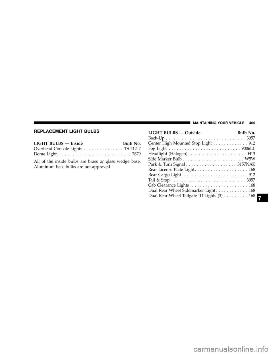 DODGE RAM 3500 DIESEL 2008 3.G Owners Manual REPLACEMENT LIGHT BULBS
LIGHT BULBS Ð Inside Bulb No.
Overhead Console Lights............... TS212-2
Dome Light............................7679
All of the inside bulbs are brass or glass wedge base.

