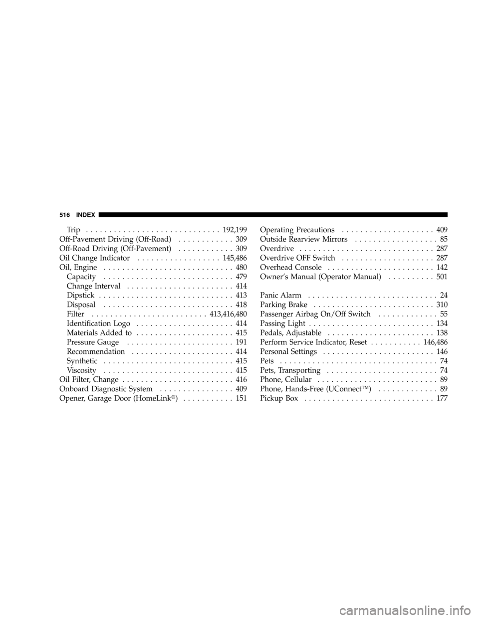 DODGE RAM 3500 DIESEL 2008 3.G Owners Manual Trip .............................192,199
Off-Pavement Driving (Off-Road)............ 309
Off-Road Driving (Off-Pavement)............ 309
Oil Change Indicator..................145,486
Oil, Engine.....