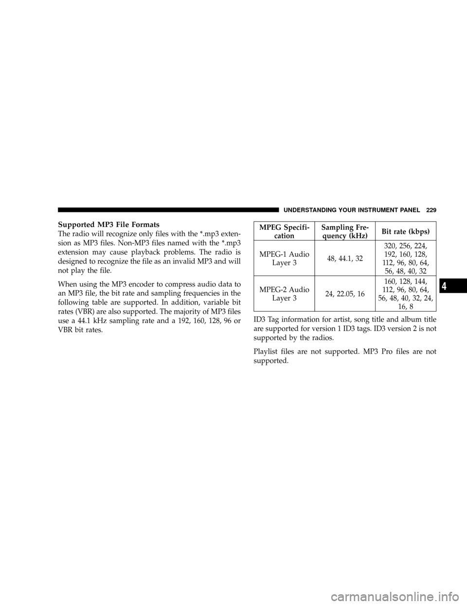 DODGE RAM 3500 GAS 2008 3.G Owners Manual Supported MP3 File Formats
The radio will recognize only files with the *.mp3 exten-
sion as MP3 files. Non-MP3 files named with the *.mp3
extension may cause playback problems. The radio is
designed DODGE RAM 3500 GAS 2008 3.G Owners Manual Supported MP3 File Formats
The radio will recognize only files with the *.mp3 exten-
sion as MP3 files. Non-MP3 files named with the *.mp3
extension may cause playback problems. The radio is
designed