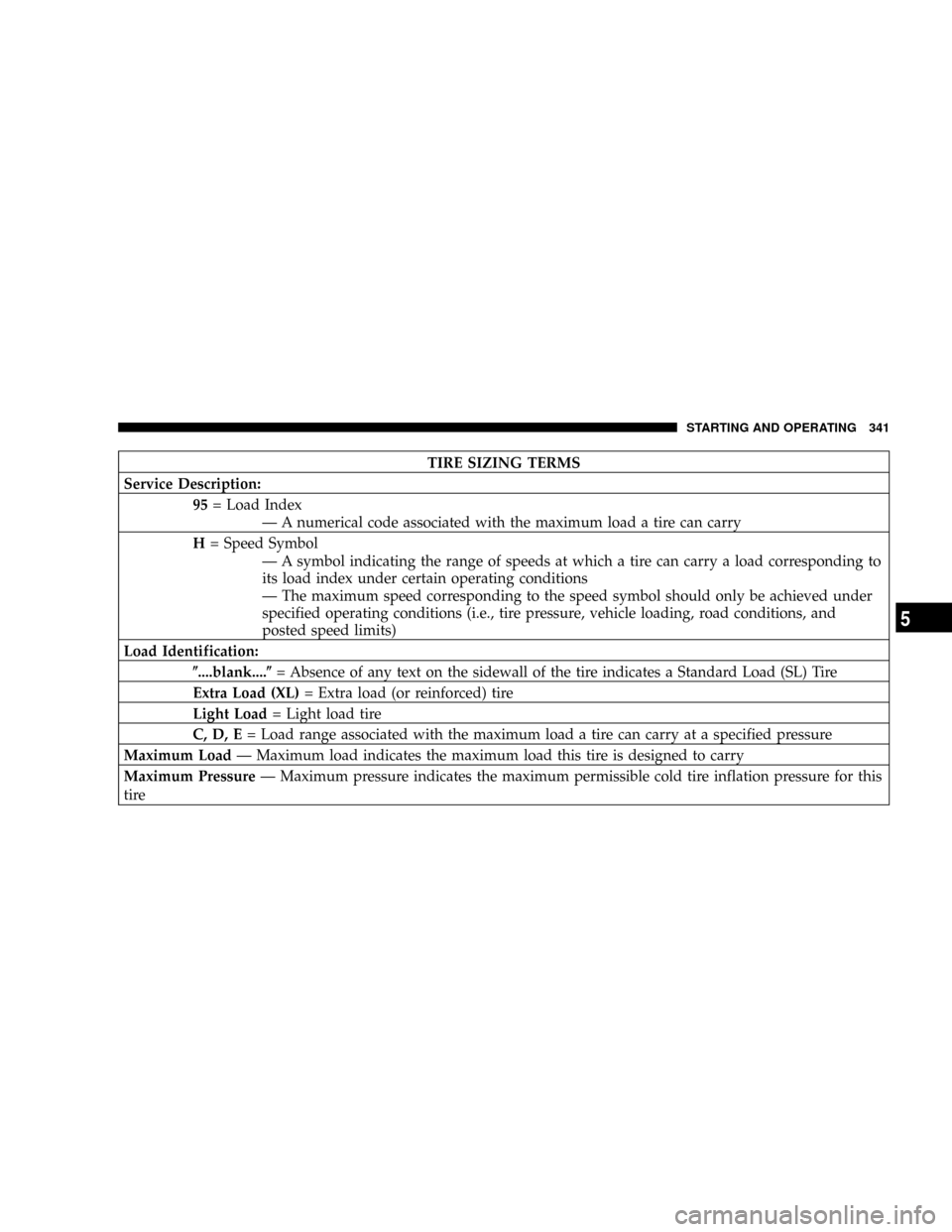 DODGE RAM 3500 GAS 2008 3.G Owners Manual TIRE SIZING TERMS
Service Description:
95= Load Index
Ð A numerical code associated with the maximum load a tire can carry
H= Speed Symbol
Ð A symbol indicating the range of speeds at which a tire c DODGE RAM 3500 GAS 2008 3.G Owners Manual TIRE SIZING TERMS
Service Description:
95= Load Index
Ð A numerical code associated with the maximum load a tire can carry
H= Speed Symbol
Ð A symbol indicating the range of speeds at which a tire c