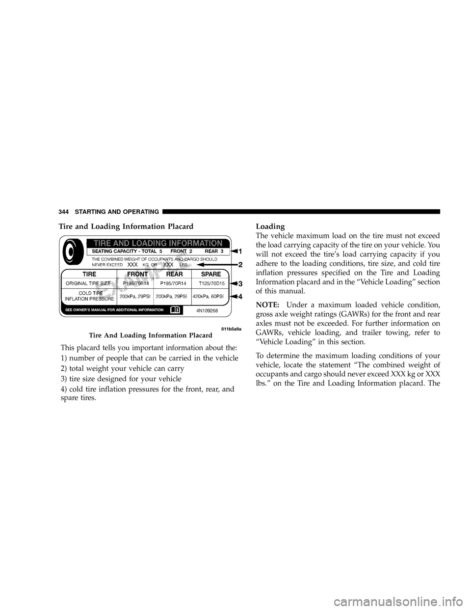 DODGE RAM 3500 GAS 2008 3.G Owners Manual Tire and Loading Information Placard
This placard tells you important information about the:
1) number of people that can be carried in the vehicle
2) total weight your vehicle can carry
3) tire size 