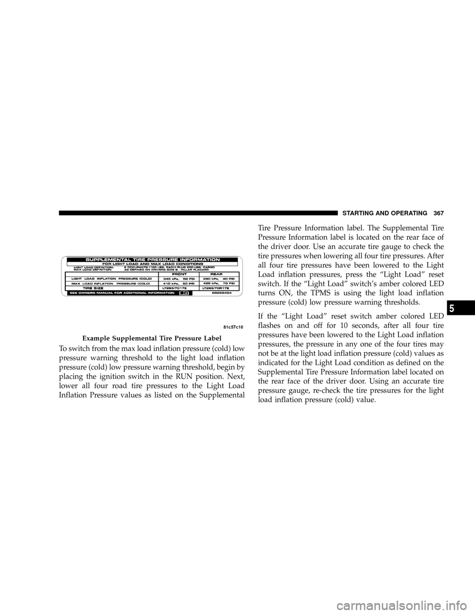 DODGE RAM 3500 GAS 2008 3.G Owners Manual To switch from the max load inflation pressure (cold) low
pressure warning threshold to the light load inflation
pressure (cold) low pressure warning threshold, begin by
placing the ignition switch in DODGE RAM 3500 GAS 2008 3.G Owners Manual To switch from the max load inflation pressure (cold) low
pressure warning threshold to the light load inflation
pressure (cold) low pressure warning threshold, begin by
placing the ignition switch in