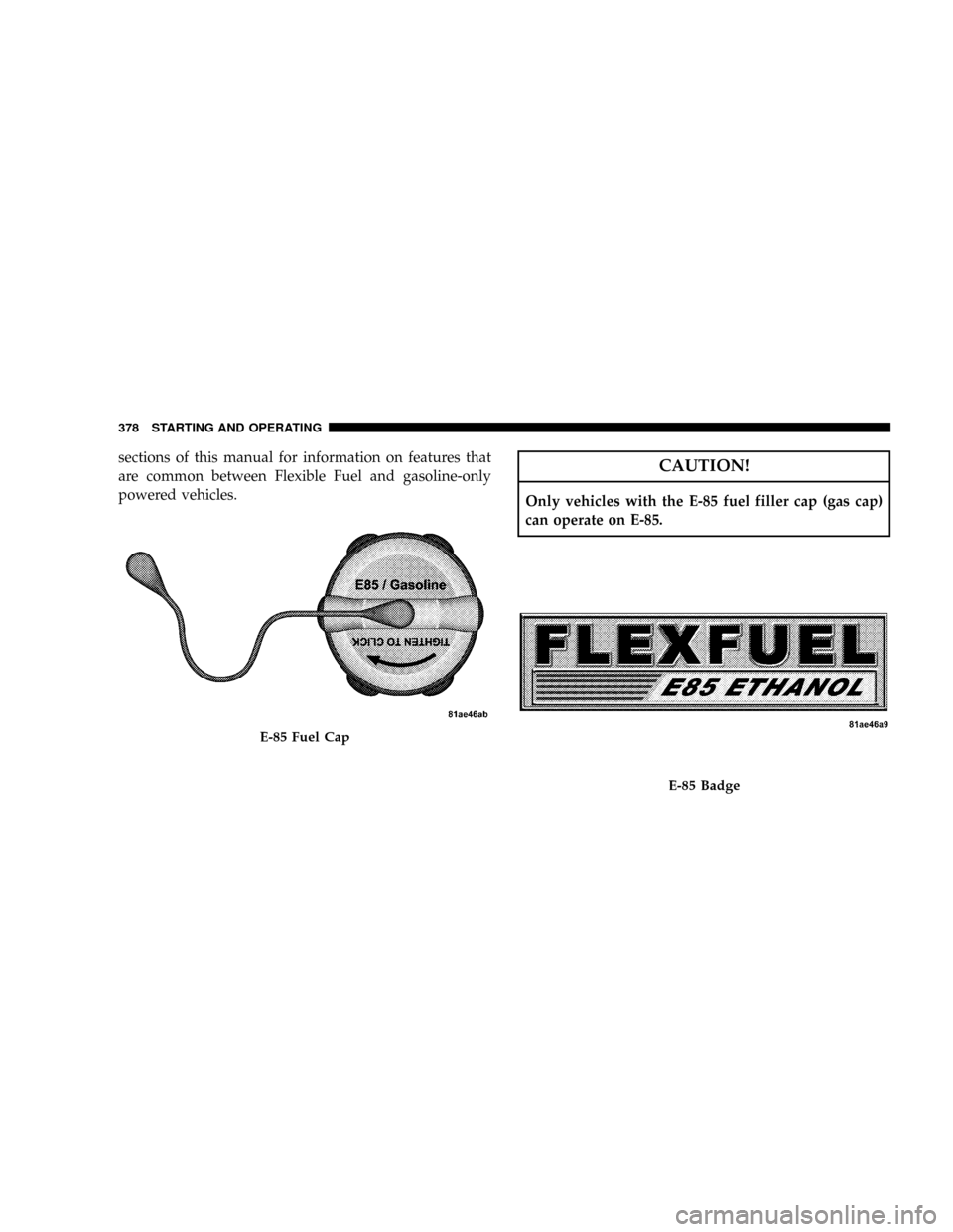 DODGE RAM 3500 GAS 2008 3.G Owners Manual sections of this manual for information on features that
are common between Flexible Fuel and gasoline-only
powered vehicles.CAUTION!
Only vehicles with the E-85 fuel filler cap (gas cap)
can operate DODGE RAM 3500 GAS 2008 3.G Owners Manual sections of this manual for information on features that
are common between Flexible Fuel and gasoline-only
powered vehicles.CAUTION!
Only vehicles with the E-85 fuel filler cap (gas cap)
can operate