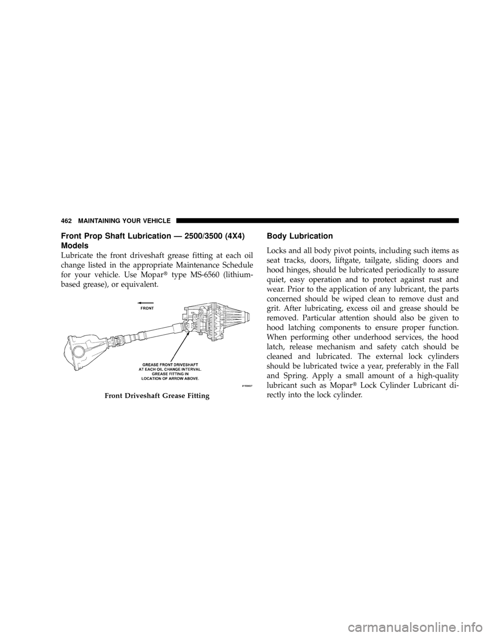 DODGE RAM 3500 GAS 2008 3.G Owners Manual Front Prop Shaft Lubrication Ð 2500/3500 (4X4)
Models
Lubricate the front driveshaft grease fitting at each oil
change listed in the appropriate Maintenance Schedule
for your vehicle. Use Moparttype DODGE RAM 3500 GAS 2008 3.G Owners Manual Front Prop Shaft Lubrication Ð 2500/3500 (4X4)
Models
Lubricate the front driveshaft grease fitting at each oil
change listed in the appropriate Maintenance Schedule
for your vehicle. Use Moparttype