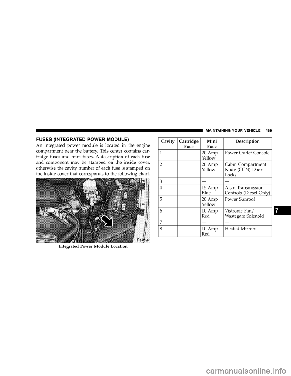 DODGE RAM 3500 GAS 2008 3.G Owners Manual FUSES (INTEGRATED POWER MODULE)
An integrated power module is located in the engine
compartment near the battery. This center contains car-
tridge fuses and mini fuses. A description of each fuse
and 