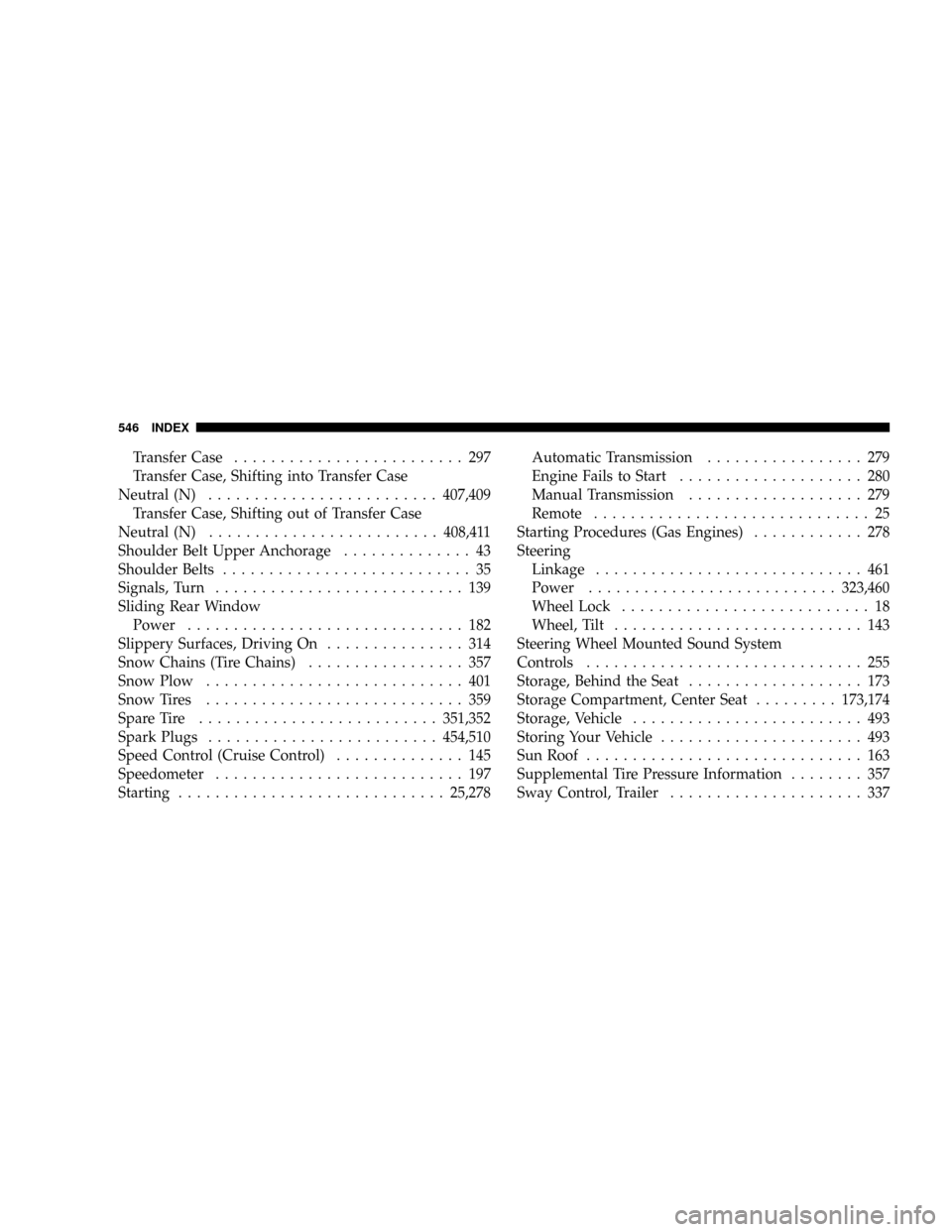 DODGE RAM 3500 GAS 2008 3.G Owners Manual Transfer Case......................... 297
Transfer Case, Shifting into Transfer Case
Neutral (N).........................407,409
Transfer Case, Shifting out of Transfer Case
Neutral (N)..............