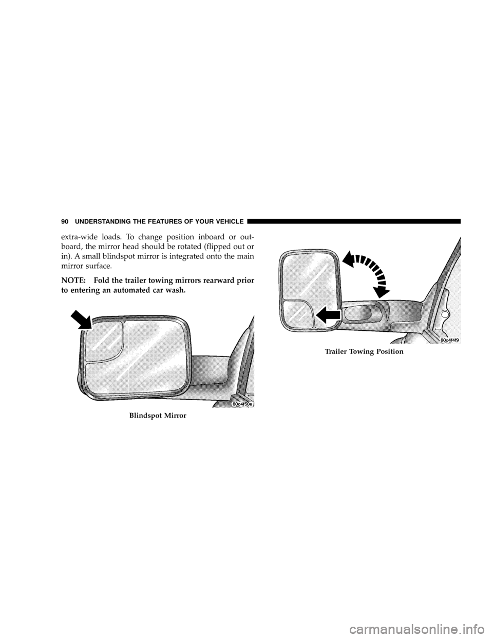 DODGE RAM 3500 GAS 2008 3.G Owners Manual extra-wide loads. To change position inboard or out-
board, the mirror head should be rotated (flipped out or
in). A small blindspot mirror is integrated onto the main
mirror surface.
NOTE: Fold the t