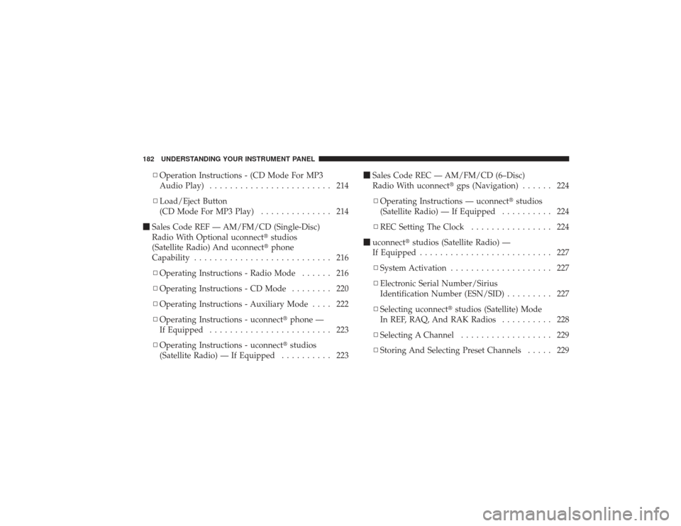 DODGE RAM 3500 DIESEL 2009 4.G Owners Manual ▫Operation Instructions - (CD Mode For MP3
Audio Play) ........................ 214
▫ Load/Eject Button
(CD Mode For MP3 Play) .............. 214
 Sales Code REF — AM/FM/CD (Single-Disc)
Radio 