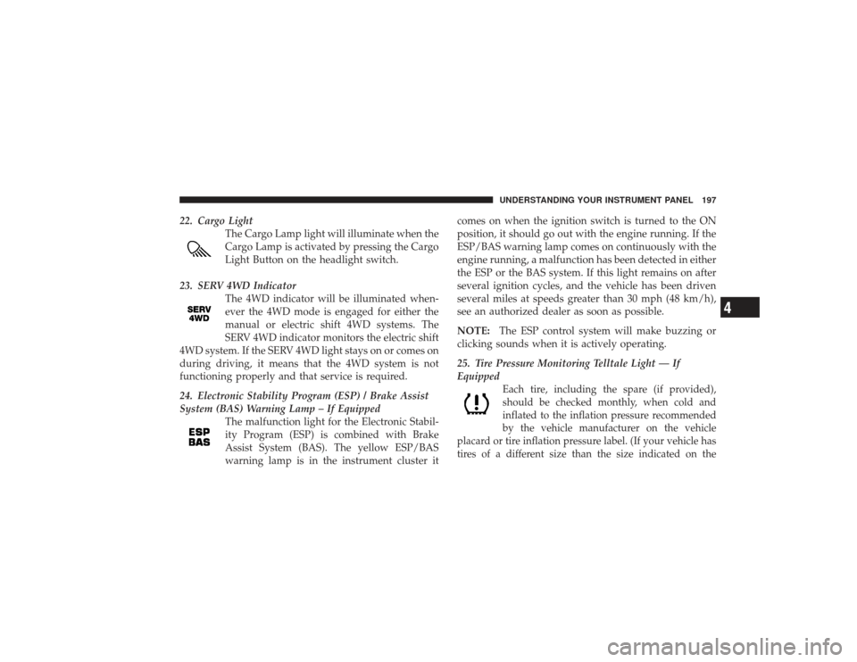 DODGE RAM 2500 DIESEL 2009 4.G Owners Manual 22. Cargo LightThe Cargo Lamp light will illuminate when the
Cargo Lamp is activated by pressing the Cargo
Light Button on the headlight switch.
23. SERV 4WD Indicator The 4WD indicator will be illumi