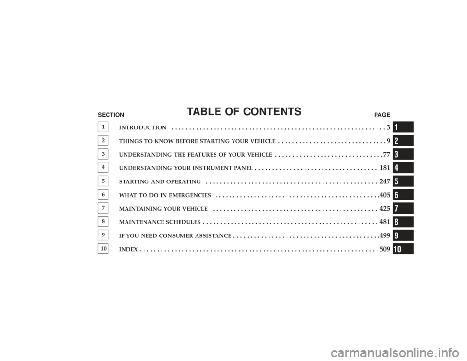 DODGE RAM 3500 DIESEL 2009 4.G Owners Manual TABLE OF CONTENTS
SECTIONPAGE1
INTRODUCTION
.............................................................3
2
THINGS TO KNOW BEFORE STARTING YOUR VEHICLE
...............................9
3
UNDERSTANDIN