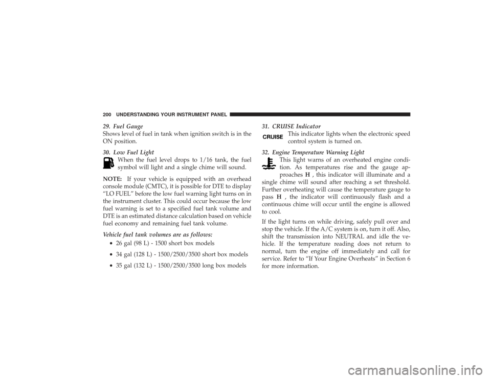 DODGE RAM 2500 DIESEL 2009 4.G Owners Manual 29. Fuel Gauge
Shows level of fuel in tank when ignition switch is in the
ON position.
30. Low Fuel LightWhen the fuel level drops to 1/16 tank, the fuel
symbol will light and a single chime will soun