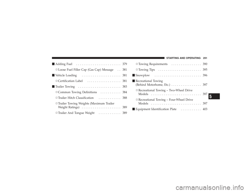 DODGE RAM 3500 DIESEL 2009 4.G Owners Manual Adding Fuel ........................ 379
▫ Loose Fuel Filler Cap (Gas Cap) Message . . 381
 Vehicle Loading ..................... 381
▫ Certification Label .................. 381
 Trailer Towin