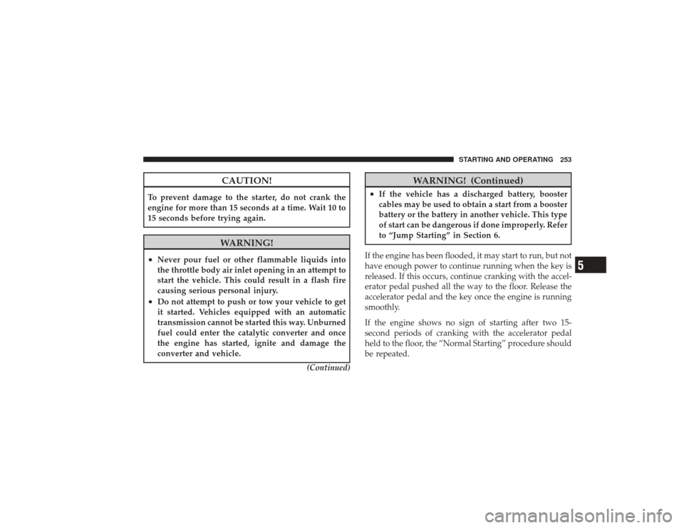 DODGE RAM 2500 DIESEL 2009 4.G Owners Manual CAUTION!
To prevent damage to the starter, do not crank the
engine for more than 15 seconds at a time. Wait 10 to
15 seconds before trying again.
WARNING!
•
Never pour fuel or other flammable liquid