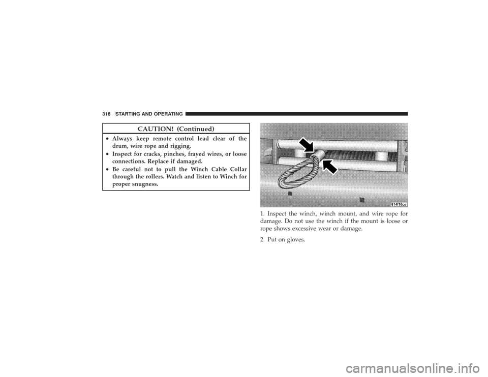 DODGE RAM 2500 DIESEL 2009 4.G Owners Manual CAUTION! (Continued)
•
Always keep remote control lead clear of the
drum, wire rope and rigging.
•
Inspect for cracks, pinches, frayed wires, or loose
connections. Replace if damaged.
•
Be caref