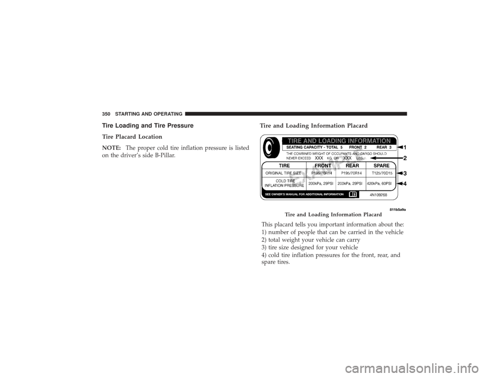 DODGE RAM 2500 DIESEL 2009 4.G Owners Manual Tire Loading and Tire Pressure
Tire Placard LocationNOTE:The proper cold tire inflation pressure is listed
on the driver’s side B-Pillar.
Tire and Loading Information PlacardThis placard tells you i DODGE RAM 2500 DIESEL 2009 4.G Owners Manual Tire Loading and Tire Pressure
Tire Placard LocationNOTE:The proper cold tire inflation pressure is listed
on the driver’s side B-Pillar.
Tire and Loading Information PlacardThis placard tells you i