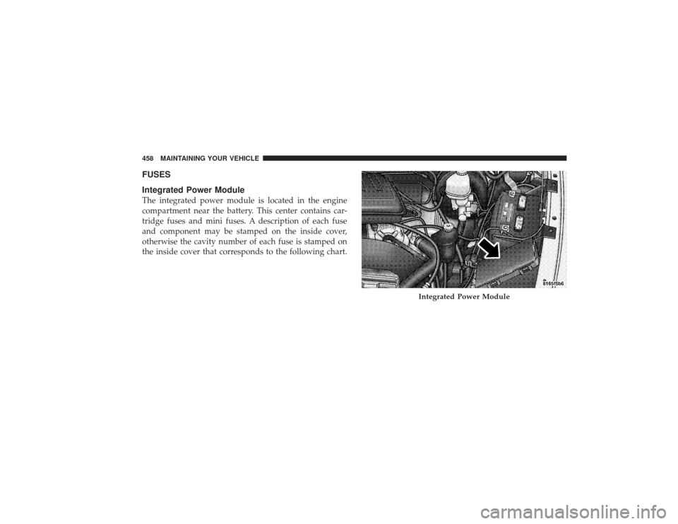DODGE RAM 2500 DIESEL 2009 4.G Owners Manual FUSES
Integrated Power ModuleThe integrated power module is located in the engine
compartment near the battery. This center contains car-
tridge fuses and mini fuses. A description of each fuse
and co DODGE RAM 2500 DIESEL 2009 4.G Owners Manual FUSES
Integrated Power ModuleThe integrated power module is located in the engine
compartment near the battery. This center contains car-
tridge fuses and mini fuses. A description of each fuse
and co