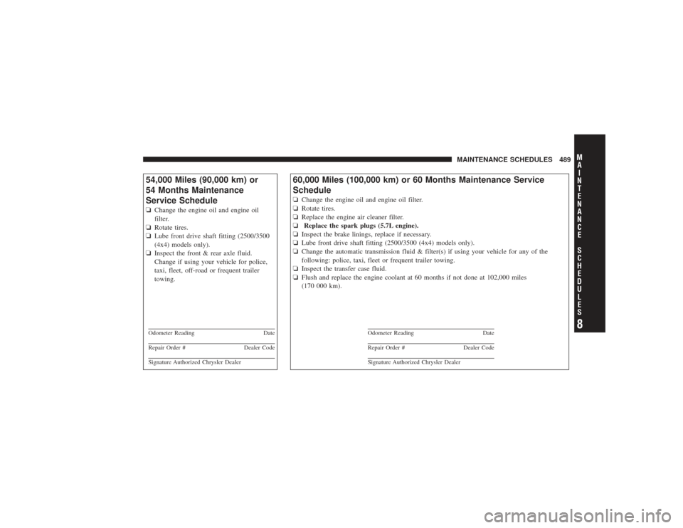 DODGE RAM 2500 DIESEL 2009 4.G Owners Manual 54,000 Miles (90,000 km) or
54 Months Maintenance
Service Schedule❏Change the engine oil and engine oil
filter.
❏ Rotate tires.
❏ Lube front drive shaft fitting (2500/3500
(4x4) models only).
�