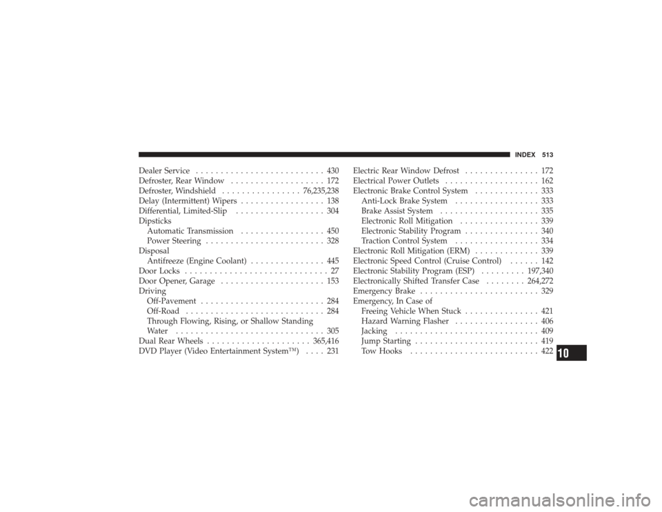 DODGE RAM 2500 DIESEL 2009 4.G Owners Manual Dealer Service.......................... 430
Defroster, Rear Window ................... 172
Defroster, Windshield ................76,235,238
Delay (Intermittent) Wipers ................. 138
Different