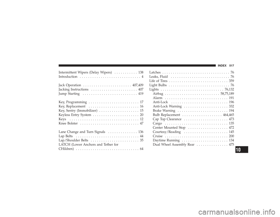 DODGE RAM 2500 DIESEL 2009 4.G Owners Manual Intermittent Wipers (Delay Wipers)........... 138
Introduction ............................. 4
Jack Operation ....................... 407,409
Jacking Instructions ...................... 407
Jump Start