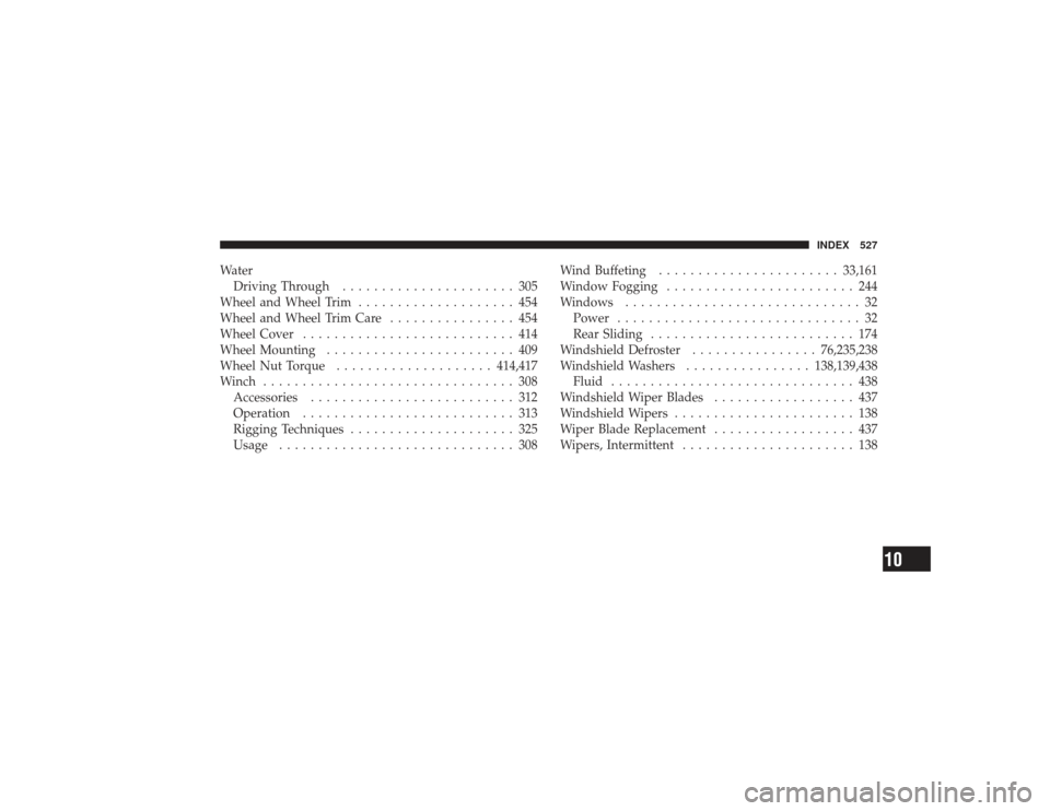 DODGE RAM 2500 DIESEL 2009 4.G Owners Manual WaterDriving Through ...................... 305
Wheel and Wheel Trim .................... 454
Wheel and Wheel Trim Care ................ 454
Wheel Cover ........................... 414
Wheel Mounting 