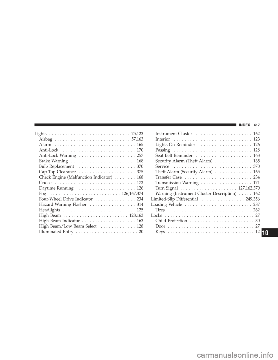 DODGE RAM 4500 CHASSIS CAB 2009 4.G Owners Manual Lights.............................. 75,123
Airbag ............................ 57,163
Alarm .............................. 165
Anti-Lock ........................... 170
Anti-Lock Warning ............
