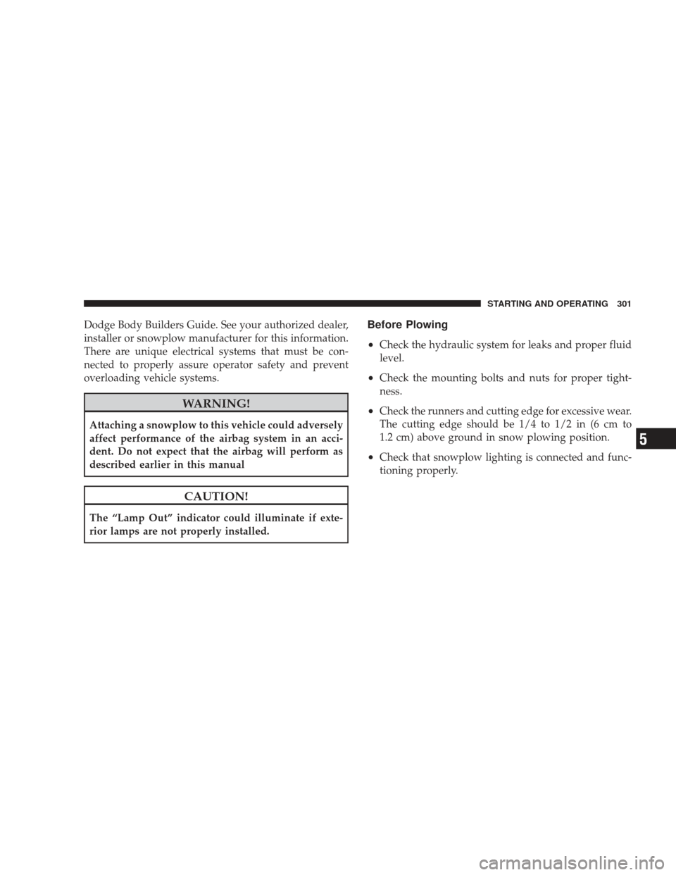 DODGE RAM 5500 CHASSIS CAB 2009 4.G Owners Manual Dodge Body Builders Guide. See your authorized dealer,
installer or snowplow manufacturer for this information.
There are unique electrical systems that must be con-
nected to properly assure operator