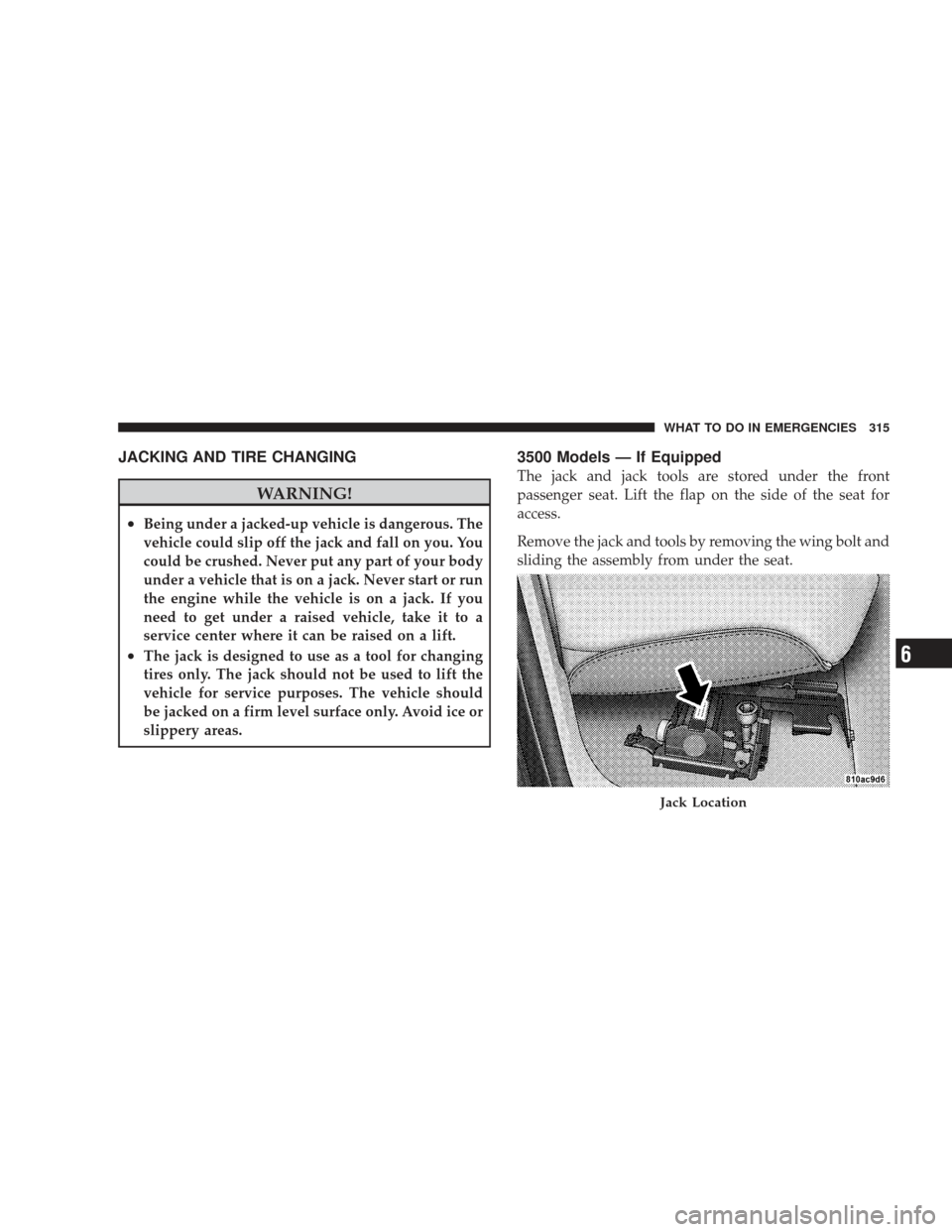 DODGE RAM 5500 CHASSIS CAB 2009 4.G Owners Manual JACKING AND TIRE CHANGING
WARNING!
•Being under a jacked-up vehicle is dangerous. The
vehicle could slip off the jack and fall on you. You
could be crushed. Never put any part of your body
under a v