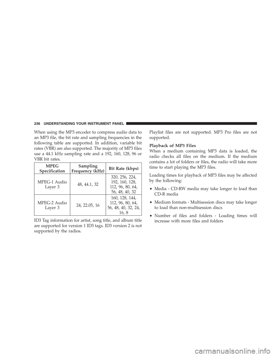 DODGE AVENGER 2009 2.G Owners Manual When using the MP3 encoder to compress audio data to
an MP3 file, the bit rate and sampling frequencies in the
following table are supported. In addition, variable bit
rates (VBR) are also supported. DODGE AVENGER 2009 2.G Owners Manual When using the MP3 encoder to compress audio data to
an MP3 file, the bit rate and sampling frequencies in the
following table are supported. In addition, variable bit
rates (VBR) are also supported.