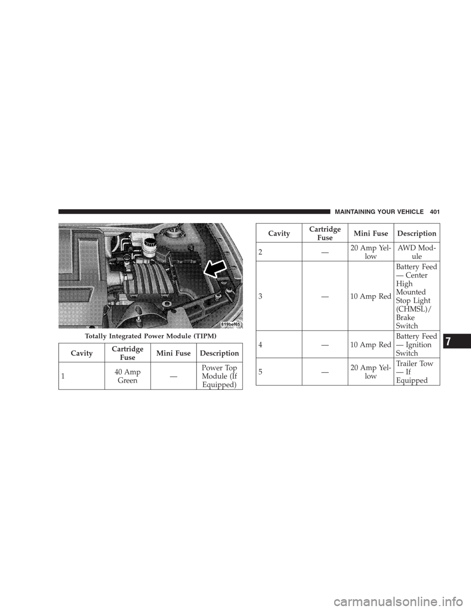 DODGE AVENGER 2009 2.G Owners Manual CavityCartridge
FuseMini Fuse Description
140 Amp
Green—Power Top
Module (If
Equipped)
CavityCartridge
FuseMini Fuse Description
2—20 Amp Yel-
lowAWD Mod-
ule
3 — 10 Amp RedBattery Feed
— Cent