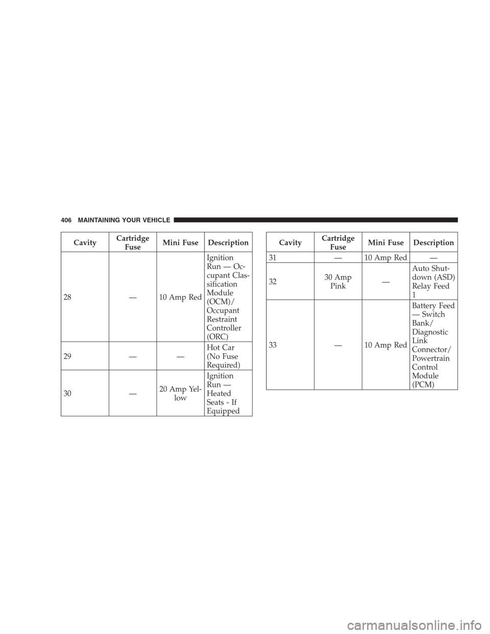 DODGE AVENGER 2009 2.G Owners Guide CavityCartridge
FuseMini Fuse Description
28 — 10 Amp RedIgnition
Run — Oc-
cupant Clas-
sification
Module
(OCM)/
Occupant
Restraint
Controller
(ORC)
29 — —Hot Car
(No Fuse
Required)
30 —20 