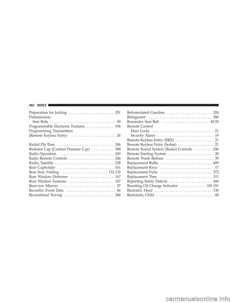 DODGE AVENGER 2009 2.G User Guide Preparation for Jacking.................... 351
Pretensioners
Seat Belts............................. 49
Programmable Electronic Features............ 196
Programming Transmitters
(Remote Keyless Entry